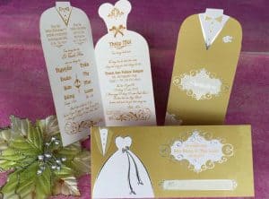 Thiệp cưới GR3001 là một thiệp cưới giá rẻ truyền thống màu vàng